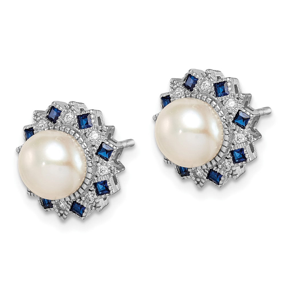 QE14231 Sterling Silver RH-plated FWC Pearl/Syn. Blue Spinel/CZ Earrings