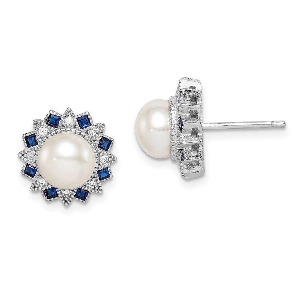 QE14231 Sterling Silver RH-plated FWC Pearl/Syn. Blue Spinel/CZ Earrings