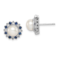 QE14231 Sterling Silver RH-plated FWC Pearl/Syn. Blue Spinel/CZ Earrings
