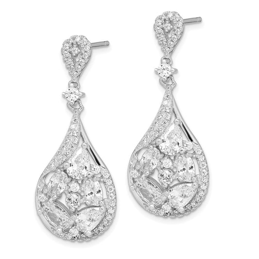 QE14244 Sterling Silver RH-plated Polished Fancy CZ Teardrop Post Dangle Earrings