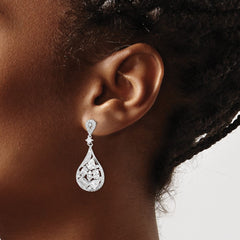 QE14244 Sterling Silver RH-plated Polished Fancy CZ Teardrop Post Dangle Earrings