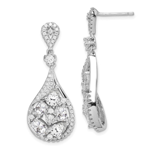 QE14244 Sterling Silver RH-plated Polished Fancy CZ Teardrop Post Dangle Earrings