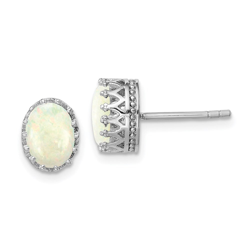 QE14259 Sterling Silver Rhodium-plated 6mm Oval Created Opal Post Earrings