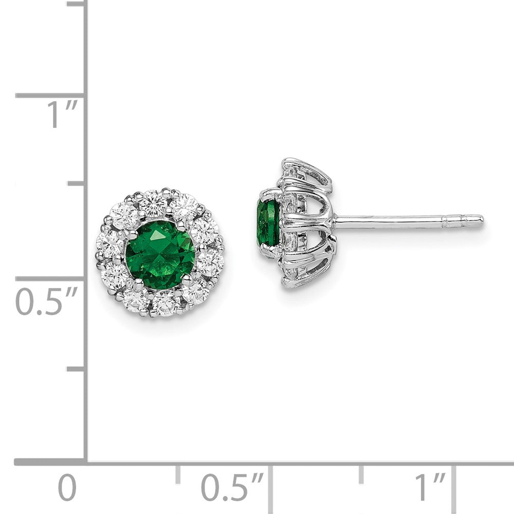 QE14263 Sterling Silver Rhodium-plated Green and White CZ Halo Post Earrings
