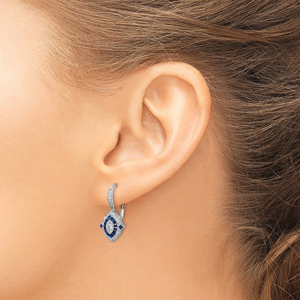 QE14264 Sterling Silver Rhodium-plated CZ and Synthetic Blue Spinel Earrings