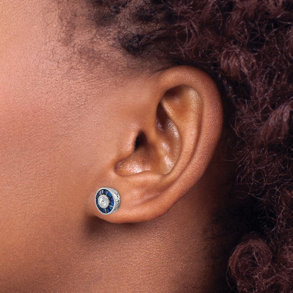 QE14265 Sterling Silver Rhodium-plated Synthetic Blue Spinel and CZ Earrings