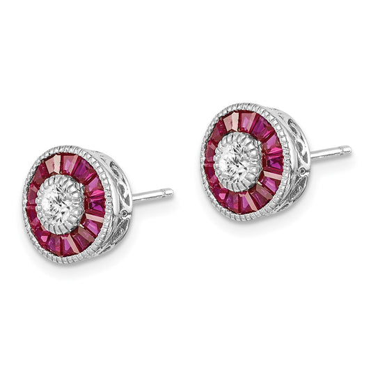 QE14267 Sterling Silver Rhodium-plated CZ /Created Ruby Halo Post Earrings