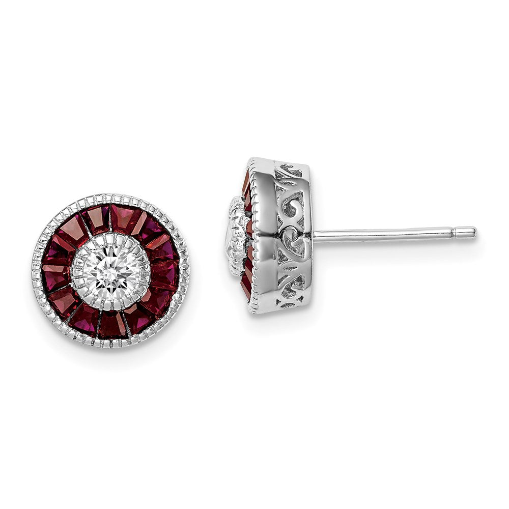 QE14267 Sterling Silver Rhodium-plated CZ /Created Ruby Halo Post Earrings