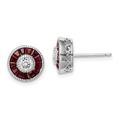 QE14267 Sterling Silver Rhodium-plated CZ /Created Ruby Halo Post Earrings