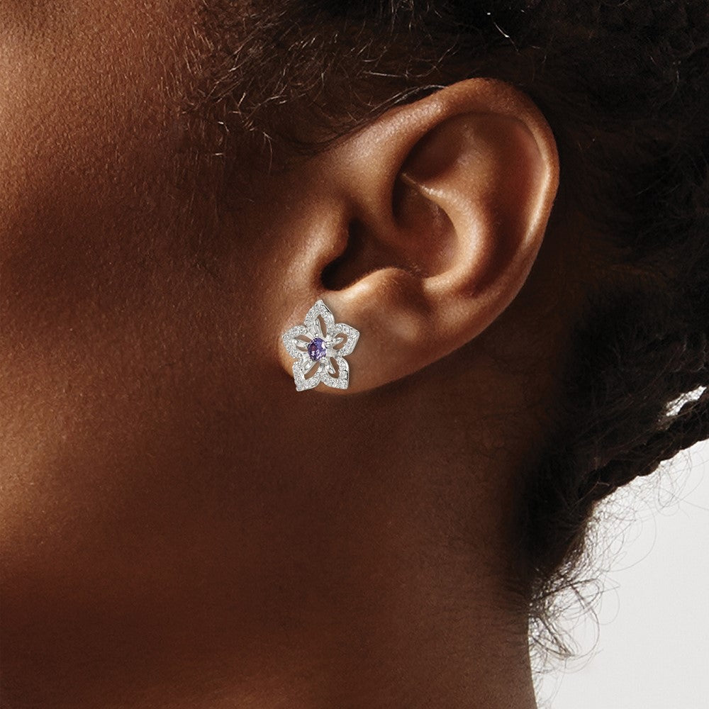 QE14268 Sterling Silver Purple and Clear CZ Flower Post Earrings