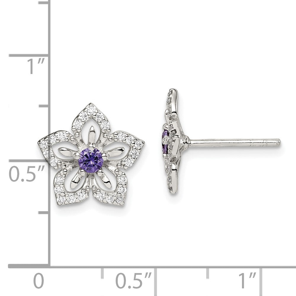 QE14268 Sterling Silver Purple and Clear CZ Flower Post Earrings