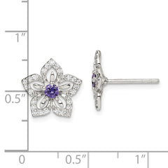 QE14268 Sterling Silver Purple and Clear CZ Flower Post Earrings