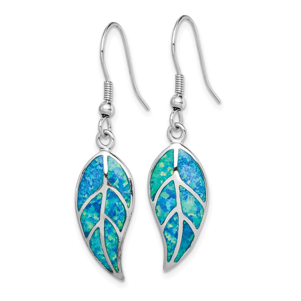 QE14290 Sterling Silver Rhodium-plated Created Blue Opal Leaf Dangle Earrings
