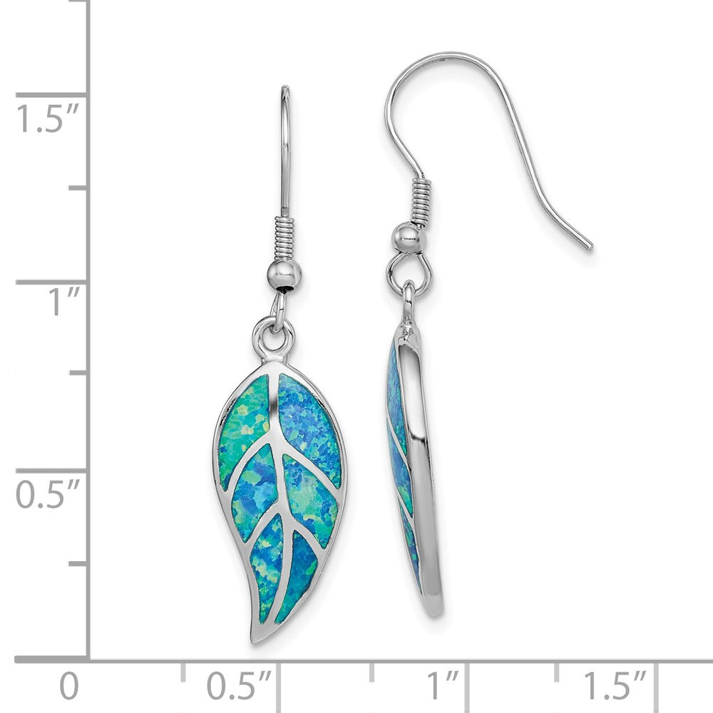 QE14290 Sterling Silver Rhodium-plated Created Blue Opal Leaf Dangle Earrings
