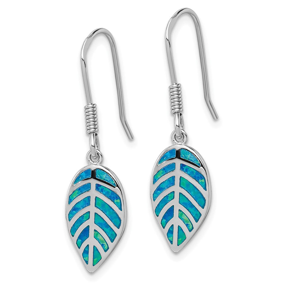 QE14291 Sterling Silver Rhod-plated Creat Blue Opal Inlay Leaf Dangle Earrings