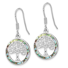 QE14293 Sterling Silver Rhodium-plated Abalone Circle w/ Tree Dangle Earrings