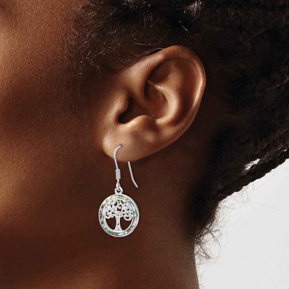 QE14293 Sterling Silver Rhodium-plated Abalone Circle w/ Tree Dangle Earrings