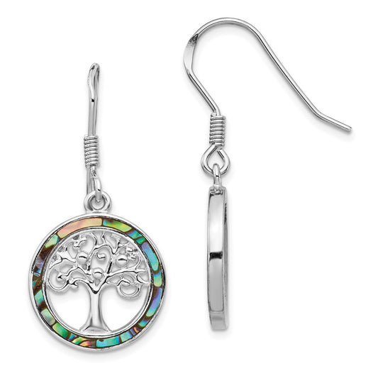QE14293 Sterling Silver Rhodium-plated Abalone Circle w/ Tree Dangle Earrings