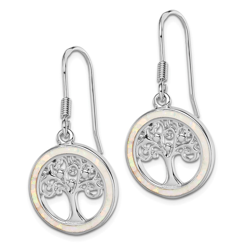 QE14295 Sterling Silver Rhod-plated Creat Opal Circle w/ Tree Dangle Earrings