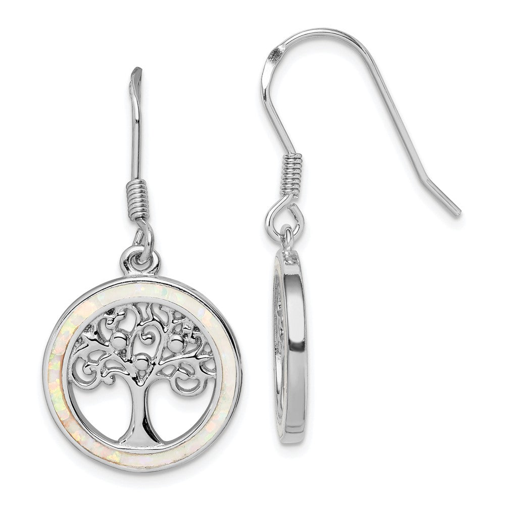 QE14295 Sterling Silver Rhod-plated Creat Opal Circle w/ Tree Dangle Earrings