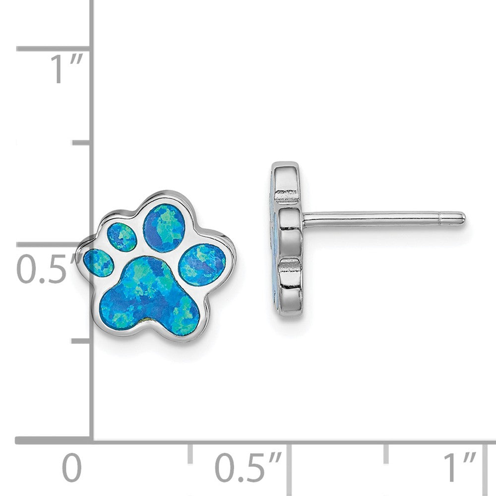 QE14297 Sterling Silver Rhod-plated Creat Blue Opal Paw Print Post Earrings