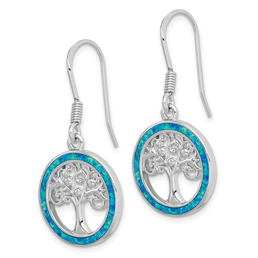QE14298 Sterling Silver Rhodium-plated Creat Blue Opal w/ Tree Dangle Earrings