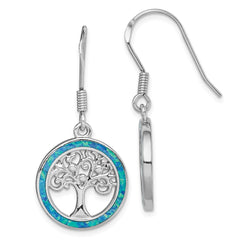 QE14298 Sterling Silver Rhodium-plated Creat Blue Opal w/ Tree Dangle Earrings