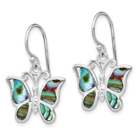 QE14301 Sterling Silver Rhodium-plated Abalone Butterfly Dangle Earrings