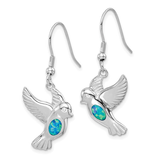 QE14303 Sterling Silver Rhodium-plated Created Blue Opal Bird Dangle Earrings