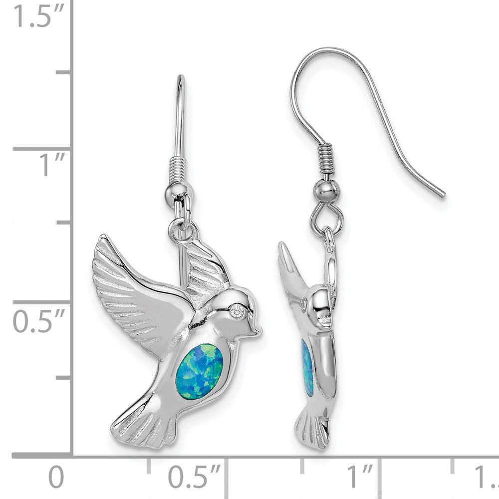 QE14303 Sterling Silver Rhodium-plated Created Blue Opal Bird Dangle Earrings