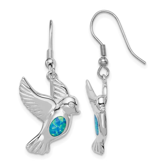 QE14303 Sterling Silver Rhodium-plated Created Blue Opal Bird Dangle Earrings
