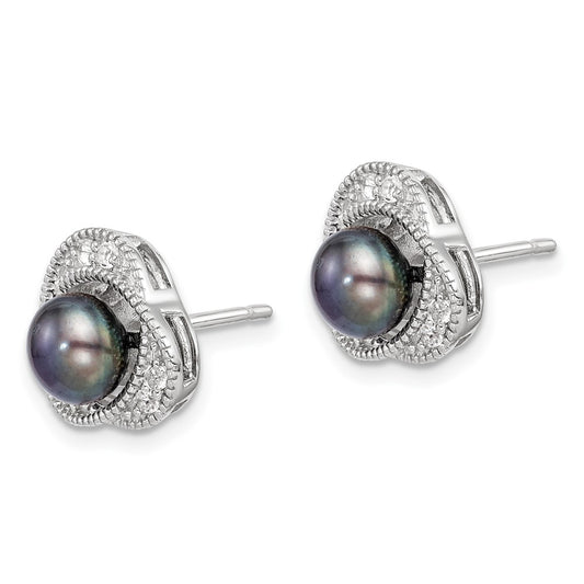 QE14311 Sterling Silver Polished Black 6-7mm Freshwater Cultured Pearl and White Topaz Post Earrings