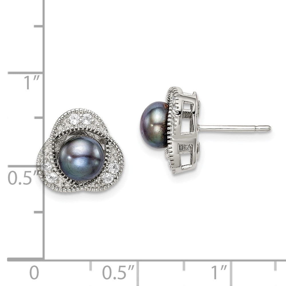 QE14311 Sterling Silver Polished Black 6-7mm Freshwater Cultured Pearl and White Topaz Post Earrings