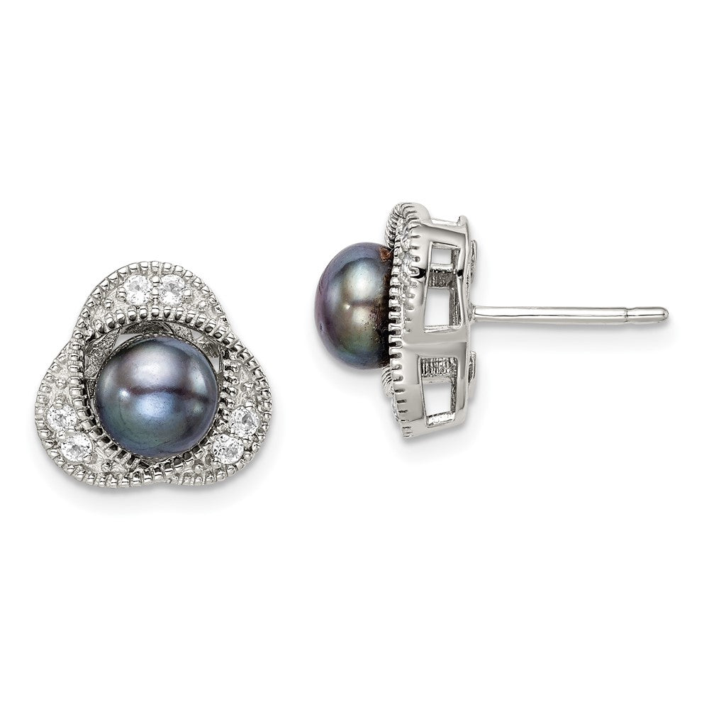 QE14311 Sterling Silver Polished Black 6-7mm Freshwater Cultured Pearl and White Topaz Post Earrings