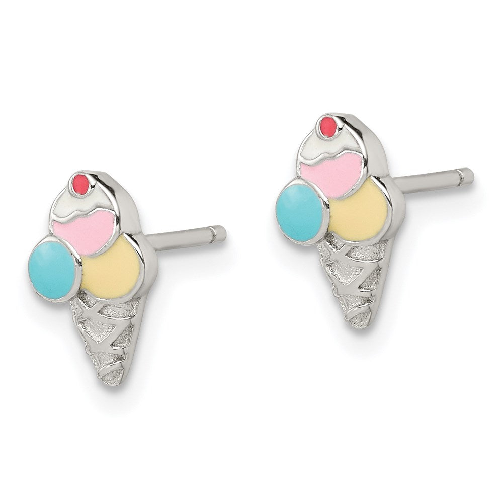 QE14330 Sterling Silver Rhodium-plated Polished & Textured Multi-color Enameled Ice Cream Cone Children's Post Earrings