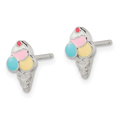QE14330 Sterling Silver Rhodium-plated Polished & Textured Multi-color Enameled Ice Cream Cone Children's Post Earrings