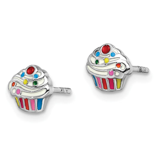 QE14333 Sterling Silver Rhodium-plated Polished & Multi-color Enameled Cupcake Children's Post Earrings