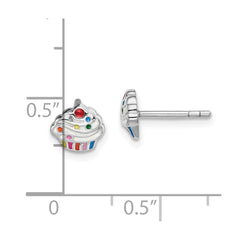 QE14333 Sterling Silver Rhodium-plated Polished & Multi-color Enameled Cupcake Children's Post Earrings