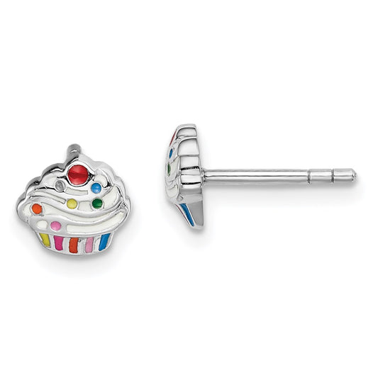 QE14333 Sterling Silver Rhodium-plated Polished & Multi-color Enameled Cupcake Children's Post Earrings
