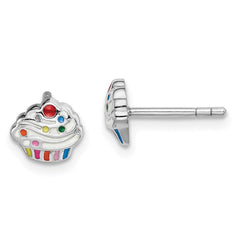QE14333 Sterling Silver Rhodium-plated Polished & Multi-color Enameled Cupcake Children's Post Earrings