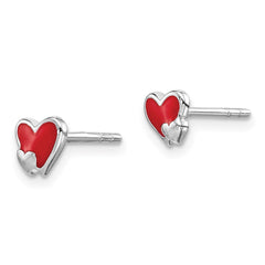 QE14334 Sterling Silver Rhodium-plated Polished Red Enameled Double Heart Children's Post Earrings