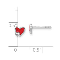 QE14334 Sterling Silver Rhodium-plated Polished Red Enameled Double Heart Children's Post Earrings