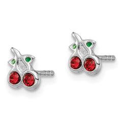 QE14337 Sterling Silver Rhodium-plated Polished Red & Green Crystal Cherries Children's Post Earrings