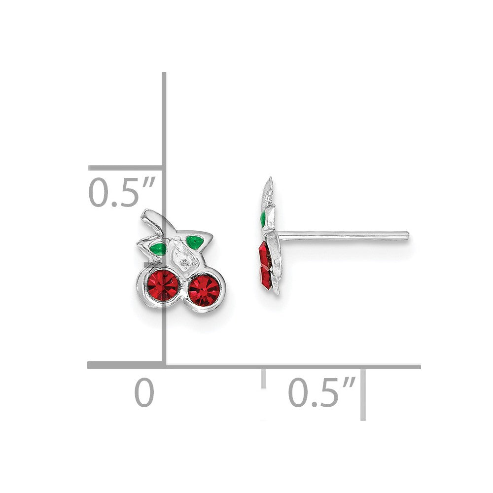 QE14337 Sterling Silver Rhodium-plated Polished Red & Green Crystal Cherries Children's Post Earrings
