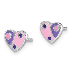 QE14338 Sterling Silver Rhodium-plated Polished Pink & Purple Enameled Heart Children's Post Earrings