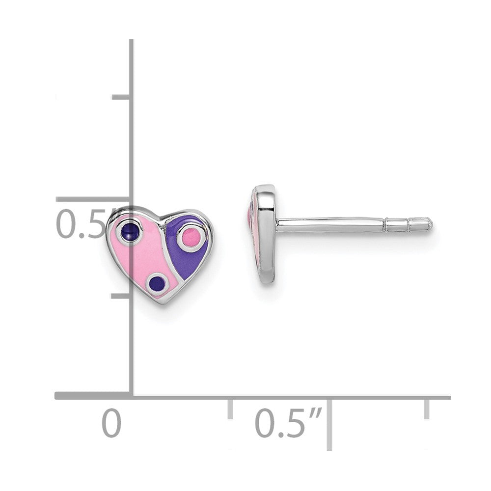 QE14338 Sterling Silver Rhodium-plated Polished Pink & Purple Enameled Heart Children's Post Earrings