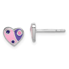QE14338 Sterling Silver Rhodium-plated Polished Pink & Purple Enameled Heart Children's Post Earrings