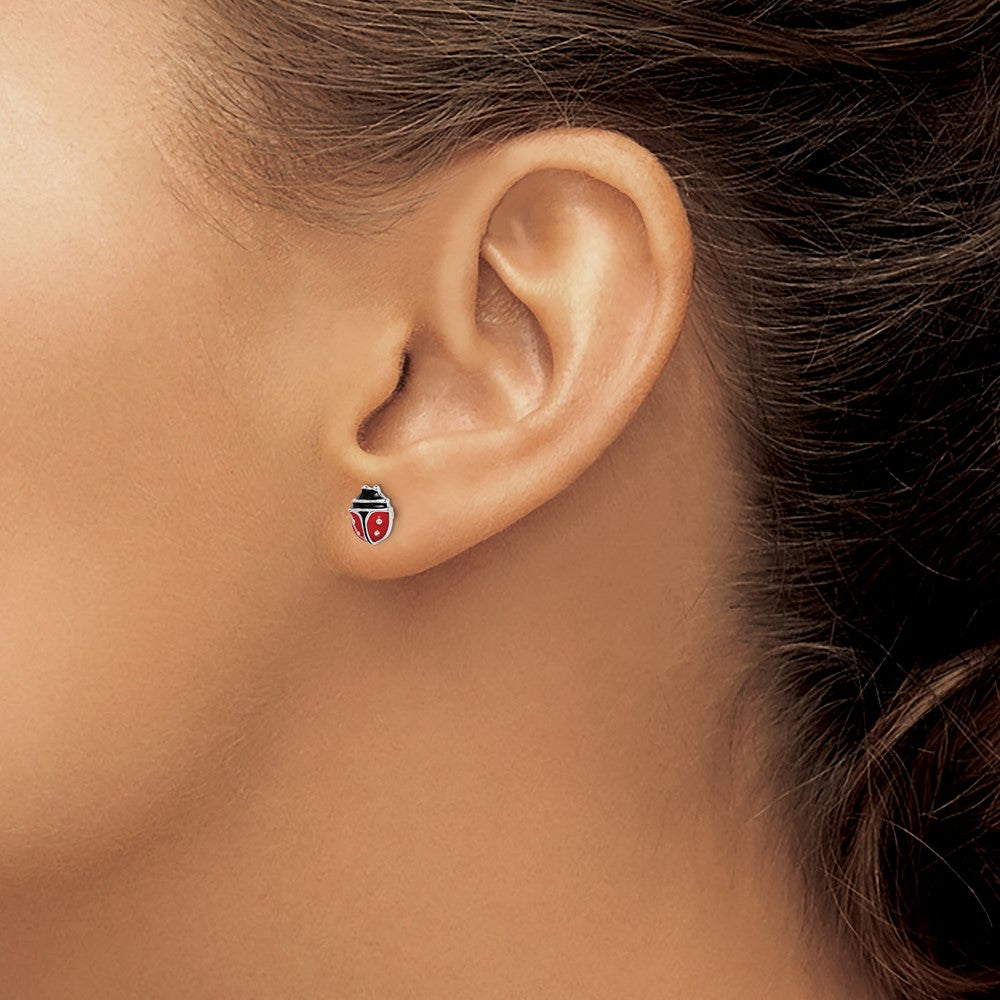QE14344 Sterling Silver RH-plated Enameled Ladybug Children's Post Earrings