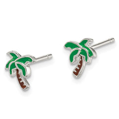 QE14345 Sterling Silver Rhodium-plated Polished Enameled Palm Tree Post Earrings