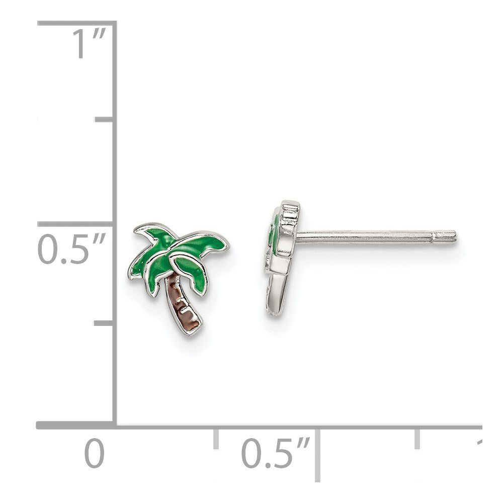 QE14345 Sterling Silver Rhodium-plated Polished Enameled Palm Tree Post Earrings